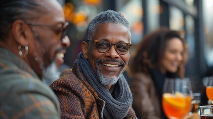 Smiling Mature Man with Glasses Enjoying Time at Outdoor Cafe - obrazy, fototapety, plakaty