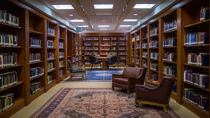 A corporate library with floor-to-ceiling bookshelves, comfortable reading nooks, and a study area.