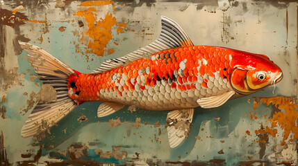 Koi fish in the old rusty metal background. Vintage style. - obrazy, fototapety, plakaty