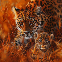 Leopard kitten baby, hidden nice orange grass. Leopard cub with mother walk