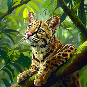 margay spotted cat sitting on a tree branch in the middle of a green tropical forest.