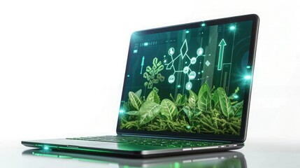 A corporate laptop screen displaying a green energy initiative, isolated on white background.