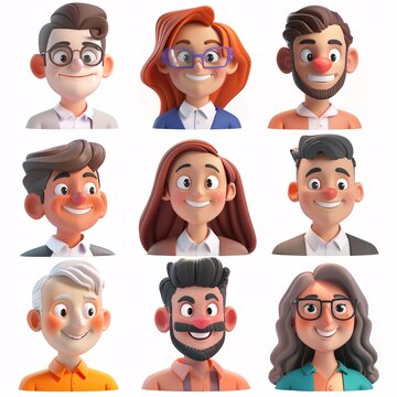 A collection of charming 3D portraits featuring diverse male and female cartoon avatars on a plain backdrop.