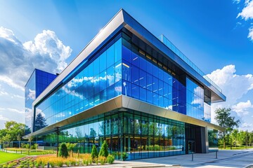A corporate headquarters with a modern, angular design and a vibrant blue glass exterior,...