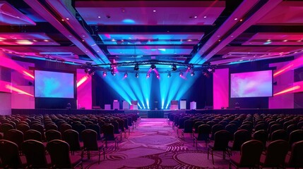 A corporate event space with a stage, seating for a large audience, and multimedia capabilities.