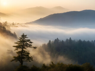Sunrise in the mountains. Viewed from the top of the mountains. The very dense trees are covered in beautiful mist. The upper layer of fog is exposed to sunlight so it turns golden.