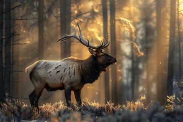 Elk in the Forest.  Generated Image.  A digital rendering of an adult male elk in the forest in nature photography.
