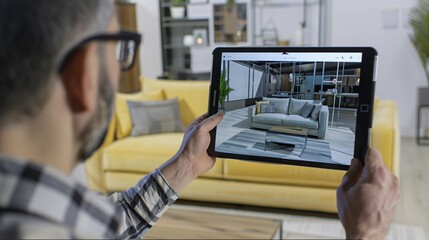 Man using AR software on tablet to select 3D furniture for living room decor.