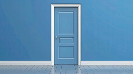 A blue door with white trim sits in front of a blue wall
