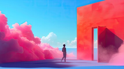 A man is walking in front of a red building with pink clouds in the sky