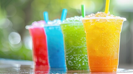 Four colorful drinks in plastic cups with straws