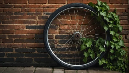 Foto op Plexiglas Photo of wheel of bicycle against brick wall background © BillyMakes