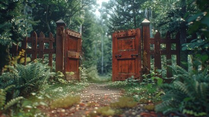 A forest path with a wooden gate that is open