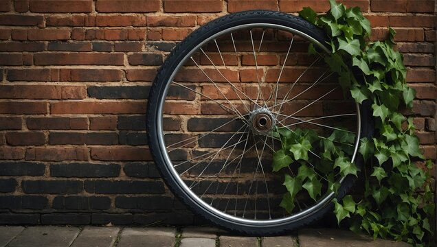 Photo of wheel of bicycle against brick wall background