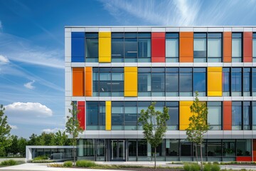 A contemporary office building with a series of colorful accent panels, adding a playful touch to the facade.