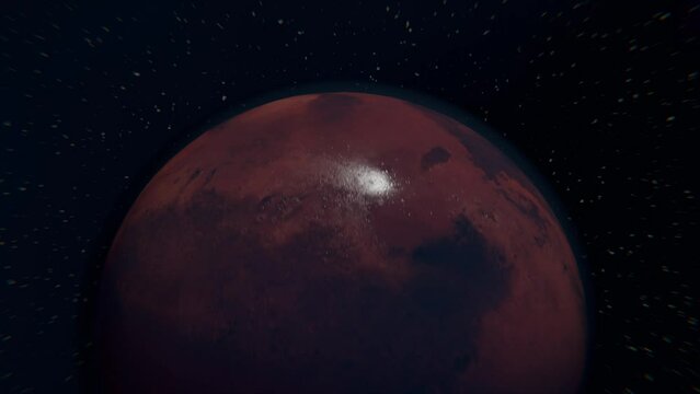 Mars red planet's rugged terrain coming in view towards camera in stunning animated detail.