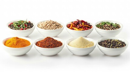 A collection of vibrant spices, arranged in bowls, ready to add flavor and depth to your culinary creations. Isolated on pure white background.