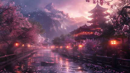 Dreamlike cherry blossoms with Asian traditional buildings  