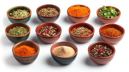 A collection of vibrant spices, arranged in bowls, ready to add flavor and depth to your culinary creations. Isolated on pure white background.
