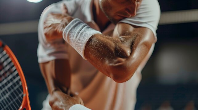 tennis elbow, male tennis player looking at sore arm muscles. Sports injuries, sprains.