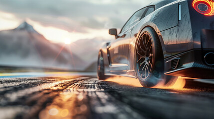 Drifting sport car on track, tire burn, mountain scene, shot from low grass angle, space for text