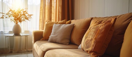 Elegant living room, cozy brown couch, pastel decorative cushions, serene atmosphere, copy space