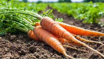 Carrot - Daucus carota - is a herbaceous plant of the Apiaceae family that produces an edible taproot fresh picked from nutrient rich soil, dirt, earth ready to wash rinse and eat - obrazy, fototapety, plakaty