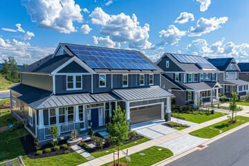 Community solar project with panels among homes, symbolizing renewable energy adoption