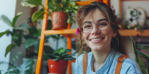A cheerful female gardener in spectacles tending to a phalaenopsis in a vintage red milk jug on a retro ladder, showing her passion for indoor plants as a freelancer. - obrazy, fototapety, plakaty