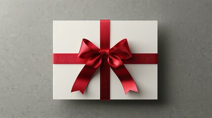 Elegant white gift card, red ribbon, minimal shadow on grey background, area for message