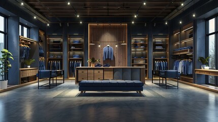 Fashionable clothing store, modern denim display, racks and shelves arrangement, copy space