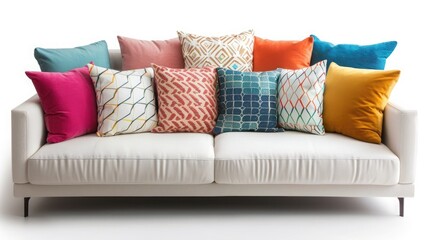 A collection of decorative pillows, arranged on a sofa, adding a pop of color and comfort to the living space. Isolated on pure white background.