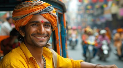 Smiling Indian Man Wearing Traditional Turban in Busy Urban Street - obrazy, fototapety, plakaty