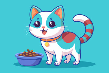 A cute cat brings up a bowl of kibble to sniff Happy aroma of food