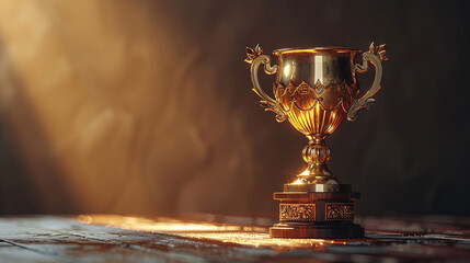 Luxurious gold trophy in the spotlight on a muted background, emphasizing achievement with ample copy space