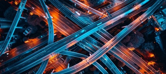 Aerial view of multilevel highway junction interchange on expressway road network
