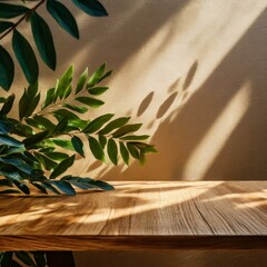 an empty natural wood table placed against a wall adorned with lush plant leaves, casting beautiful shadows in the warm sunlight. The brown tabletop offers ample copy space for product advertising moc - obrazy, fototapety, plakaty