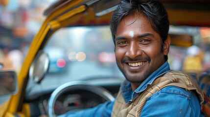 Smiling Auto Rickshaw Driver in Urban Setting - obrazy, fototapety, plakaty