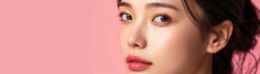 Fototapeta premium Pristine skin Asian beauty, personifying skincare elegance, on pink, center space for text