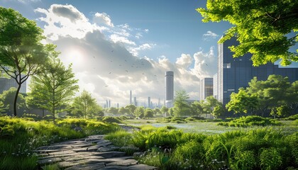 Obraz premium Healthy Environment and Sustainability, Create a background featuring scenes of a healthy environment and sustainability practices in healthcare settings