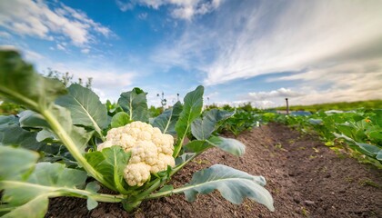 cauliflower - Brassica oleracea - white head is composed of a white inflorescence meristem edible curd with green leaves growing in nutrient rich dirt, earth or soil side view with row space, blue sky - obrazy, fototapety, plakaty