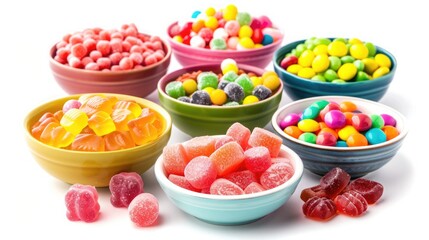 A collection of colorful candies, arranged in bowls and ready to satisfy your sweet tooth. Isolated on pure white background.