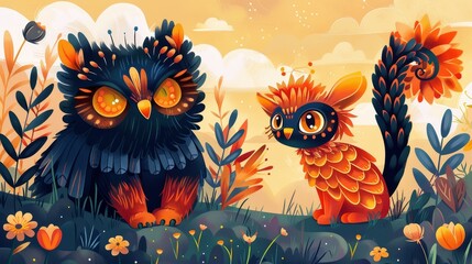 A whimsical illustration of a blue owl and an orange cat sitting in a field of flowers. The animals are both wearing feathered cloaks and the background is a bright orange sky with white clouds.
