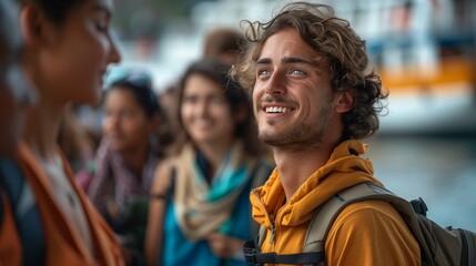 Fototapeta premium Smiling Young Man with Backpack Traveling with Friends