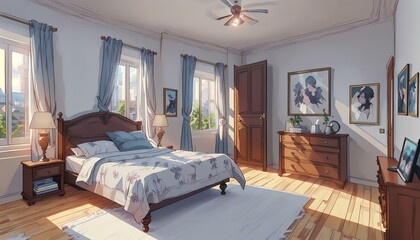 Modern bedroom interior illustration. Generative AI.
