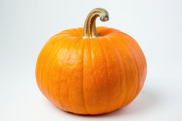 A close-up of a vibrant orange pumpkin, isolated on a white background, with its smooth skin and stem in focus.