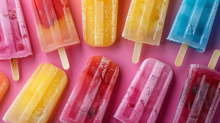 Colorful Frozen Popsicles on Pink Background