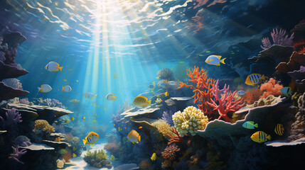 A vibrant coral reef bustling with colorful tropical fish, illuminated by dappled sunlight...