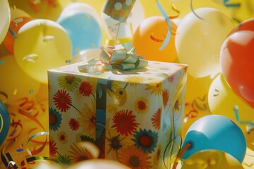 A close-up of a beautifully wrapped gift surrounded by a festive array of balloons, streamers, and party hats, against a sunny yellow background, radiating the excitement of a birthday surprise.