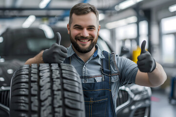 A male mechanic giving thumbs up smiling looking at camera with happy expression and satisfied with car repair service giving thumbs up in tire shop - Powered by Adobe